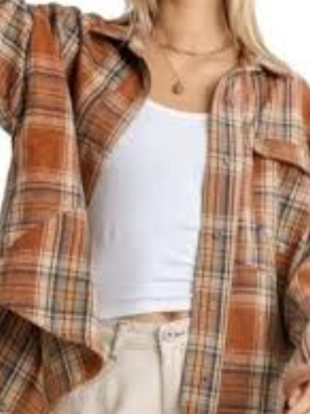 Umgee Rust Brown Plaid Oversized Button Down Flannel Shirt Shacket - Size S